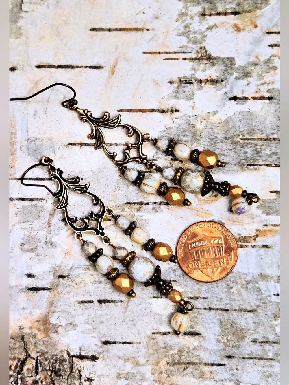 Victorian Rustic White & Etched Gold Glass In Feminine Antique Bronze Earrings